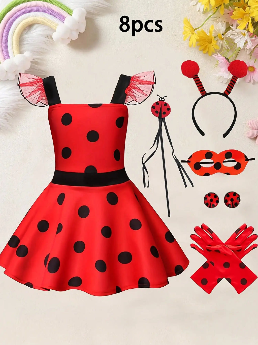 8pcs/set Red Black Dots Dress with Matching Hair Band+magic Wand+gloves+earring+eye Mask  Ladybug Cosplay Birthday Party Wear