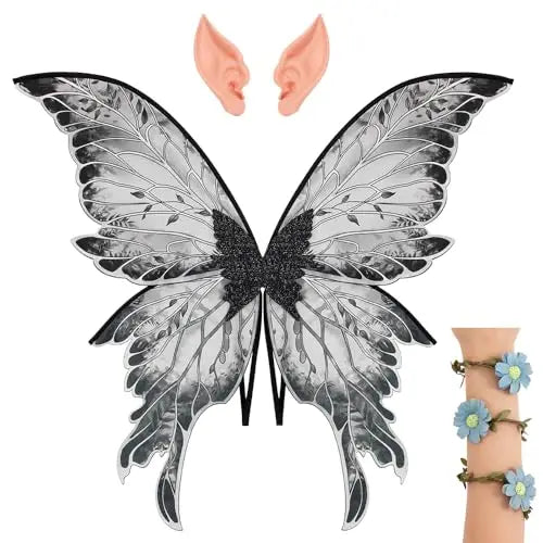 Fairy Wings Costume Set for Adults Butterfly Wings with Elf Ears & Flower Arm Wraps for Halloween Cosplay Photo