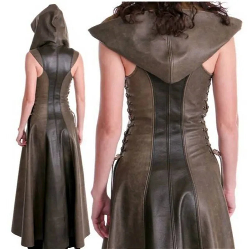 Women Anime Cosplay Costume Fashionable Hooded Archer Costume Leather Long Dress Sleeveless Medieval Women Suit
