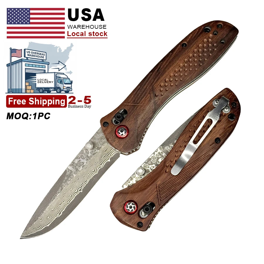 Local Stock Damascus Knife with Wood Handle Folding Design for Survival Outdoor Hunting Camping EDC Pocket Tool