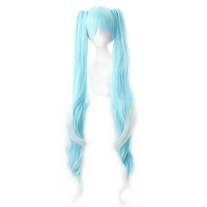 2019 New Snow Miku Wig Vocaloid Anime Cosplay Wigs With 2ponytails Mixed Long Curly Ice 120cm Blue White French Lace Wigs Longo