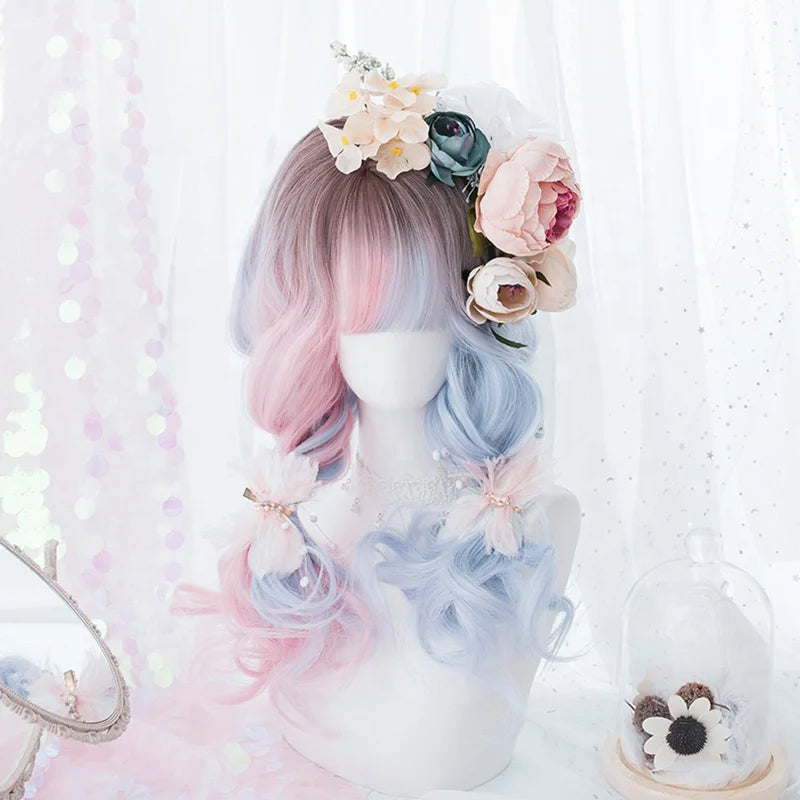 High Quality 50cm Long Curly Brown Pink Blue Three Colors Mixed Synthetic Anime Cosplay Hair Lolita Wigs for Girls CS-819A