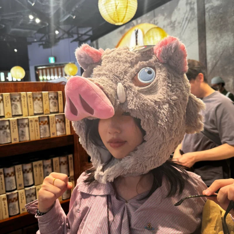 Cosplay Prop Wild Boar Head Plush Hat Demon Slayer Hashibira Inosuke Warm Headgear Cartoon Stuffed Anime Plushies Gifts Boy Fans