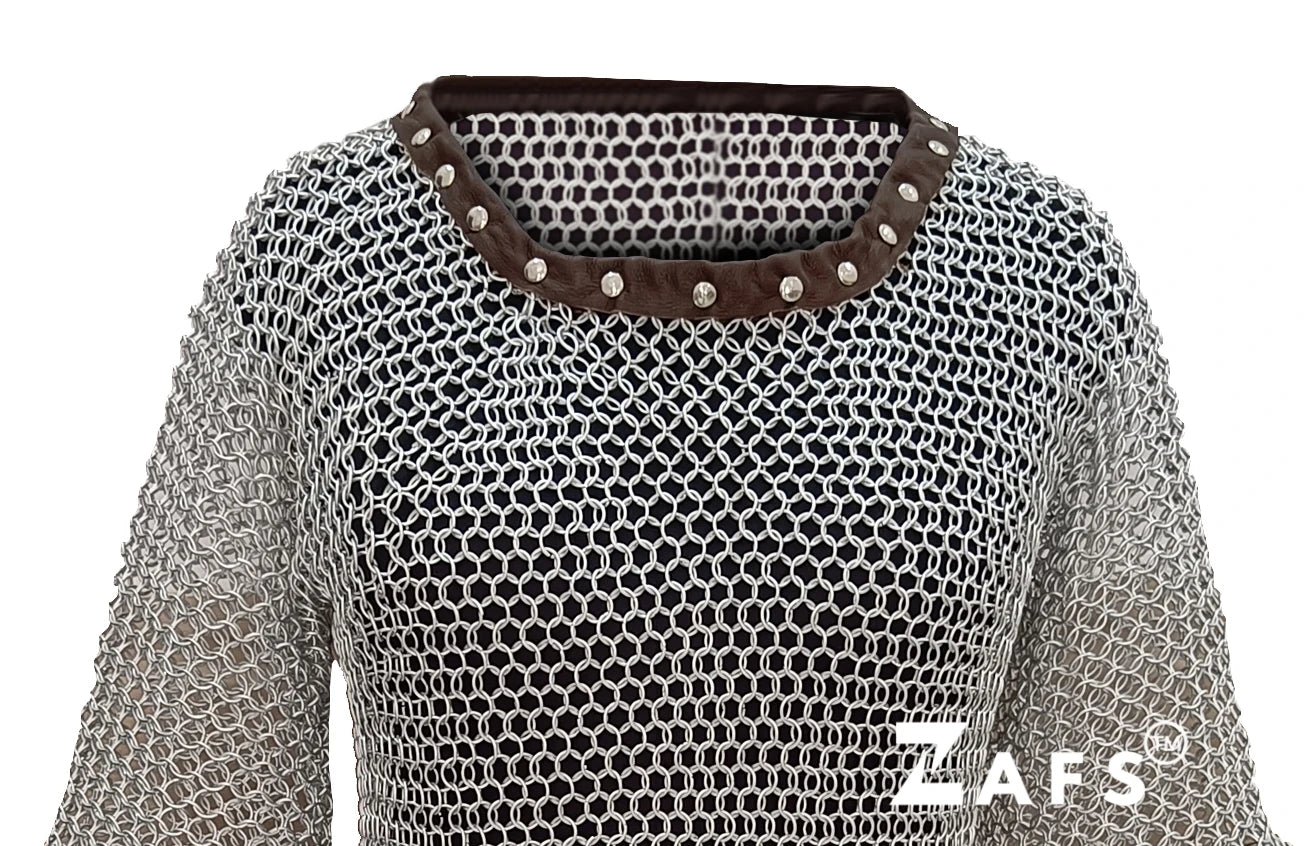 Handcrafted Medieval Chainmail Shirt With Leather Trim Aluminum Half Sleeve Hauberk Armor Cosplay for Historical Reenactment