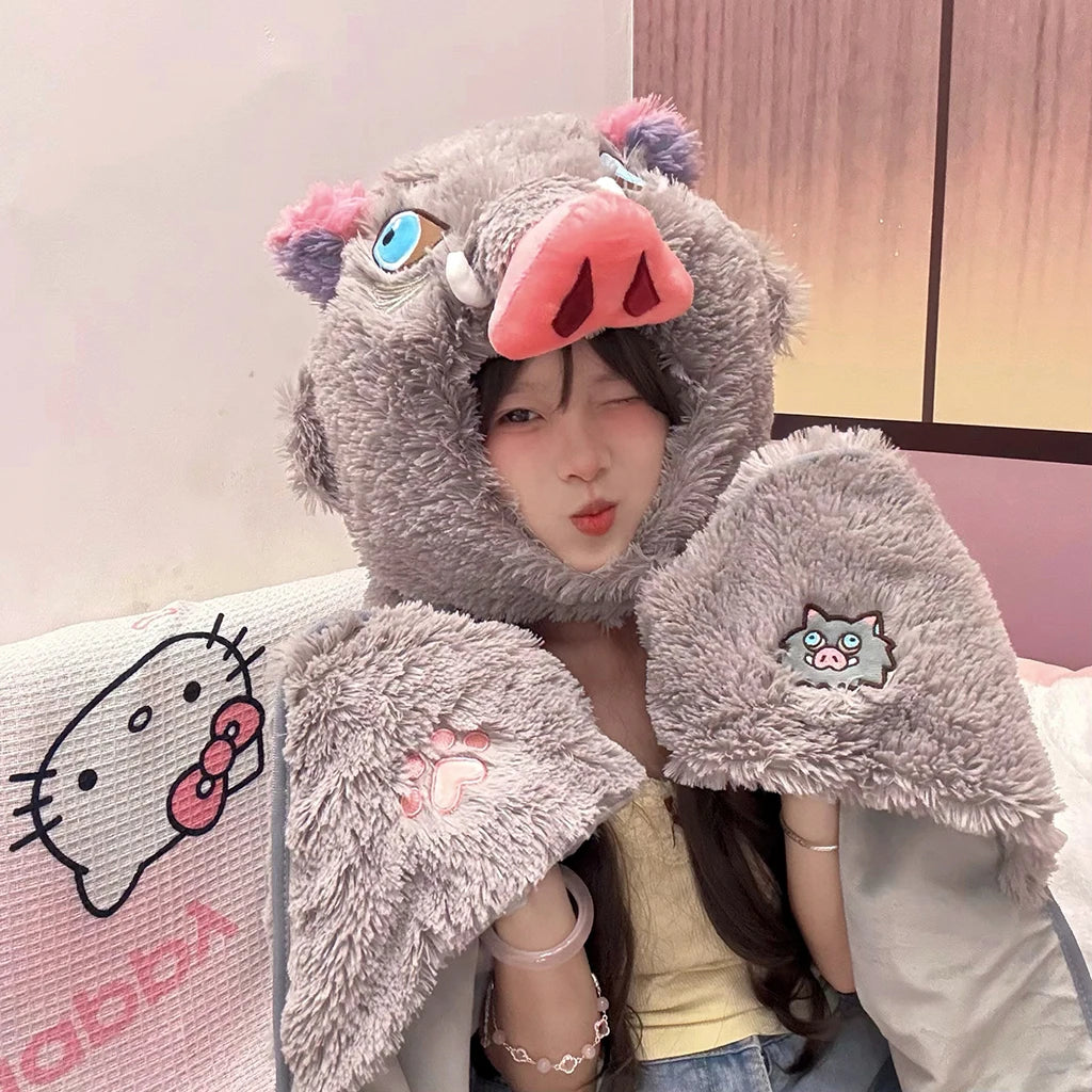 Demon Slayer Cosplay Prop Grey Pig Hooded Blanket Cartoon Wild Boar Head Plush Cloak Plushies Warm Hooded Blanket Xmas Gifts