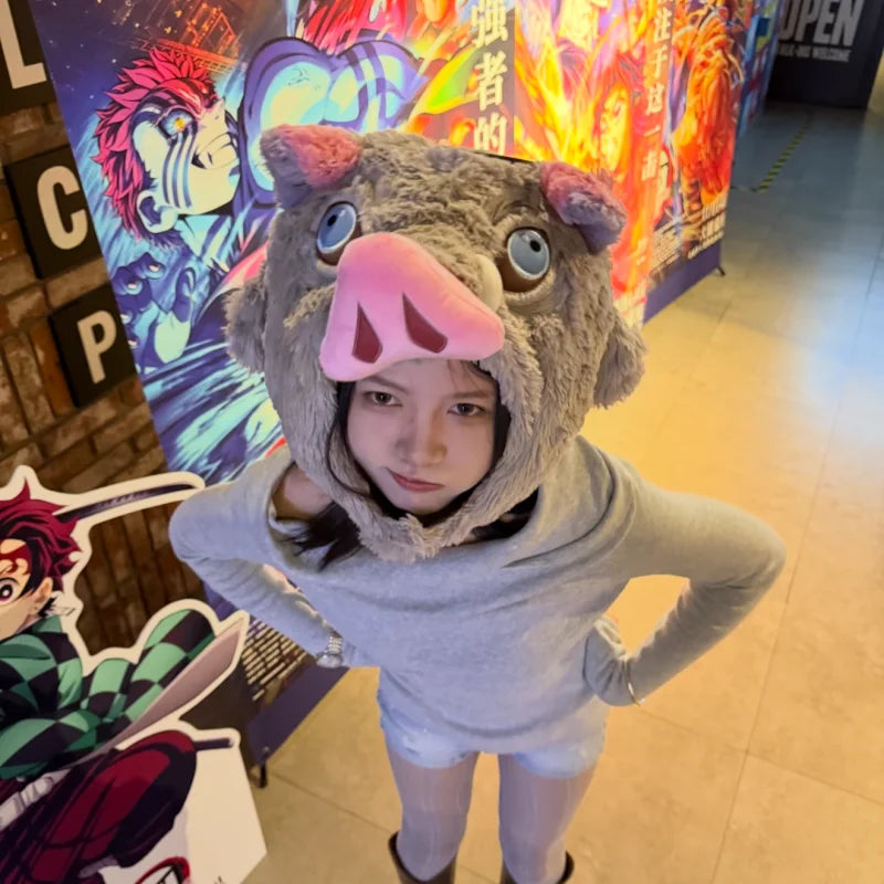 Cosplay Prop Wild Boar Head Plush Hat Demon Slayer Hashibira Inosuke Warm Headgear Cartoon Stuffed Anime Plushies Gifts Boy Fans