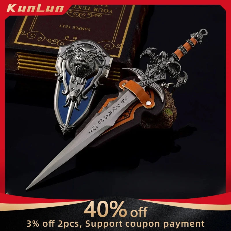 22cm World of Warcraft Frostmourne Sword Sheild 2pcs Metal Katana Model Lich King Swords Real Steel Samurai Safety Toy Gift Boys