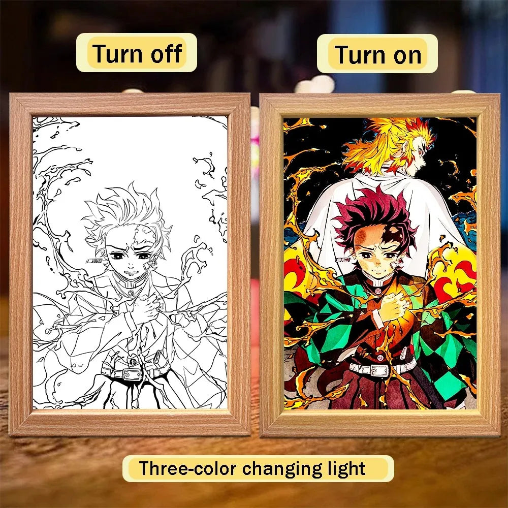 Anime Painting Picture Frame Light Tanjiro Nezuko Figurine LED Night Light Home Bedroom Lamp Decor Friends Kids Birthday Gifts