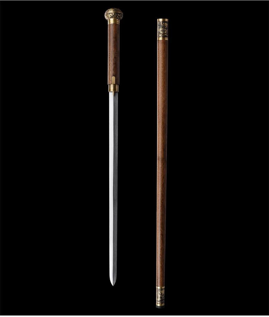 Chinese Cane Swords Folded Steel Damascus Blade Real Handmade Full Tang Sharp Walking Stick Sword Brass Dragon Weapon Katanas