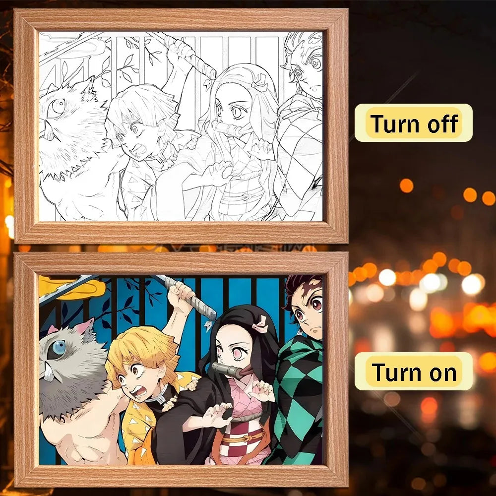 Anime Painting Picture Frame Light Tanjiro Nezuko Figurine LED Night Light Home Bedroom Lamp Decor Friends Kids Birthday Gifts