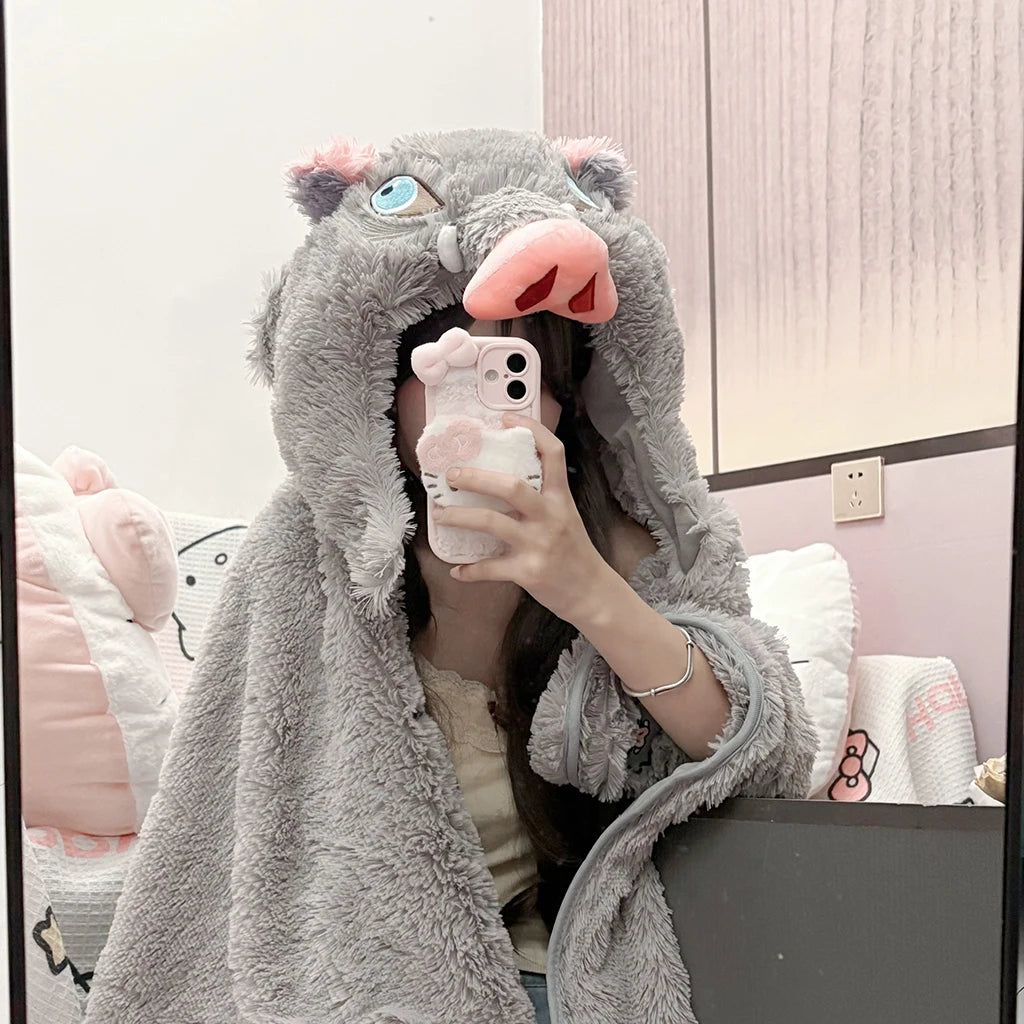 Demon Slayer Cosplay Prop Grey Pig Hooded Blanket Cartoon Wild Boar Head Plush Cloak Plushies Warm Hooded Blanket Xmas Gifts