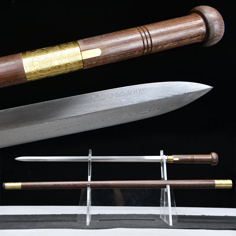 Chinese Cane Sword Folded Steel Damascus Blade Sharp Real Rosewood Scabbard Handmade Stick Sword Ready Battle Weapon Katanas