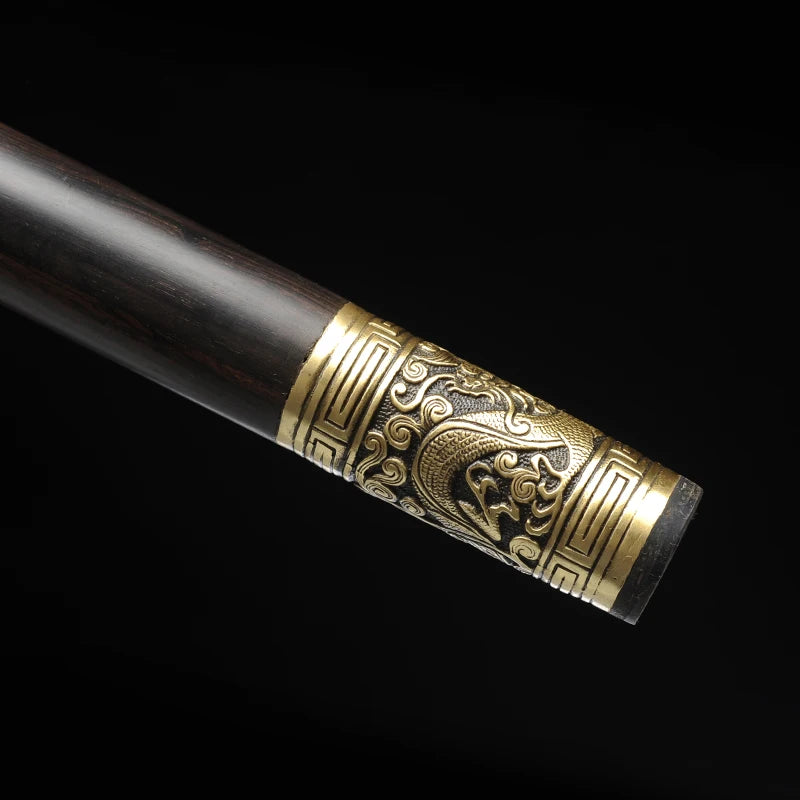 Chinese Cane Sword Folded Steel Damascus Blade Sharp Real Ebony Wood Scabbard Handmade Walking Stick Sword Dragon Weapon Katanas