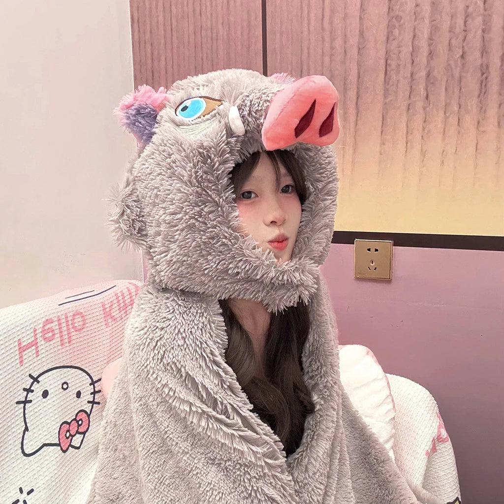Demon Slayer Cosplay Prop Grey Pig Hooded Blanket Cartoon Wild Boar Head Plush Cloak Plushies Warm Hooded Blanket Xmas Gifts