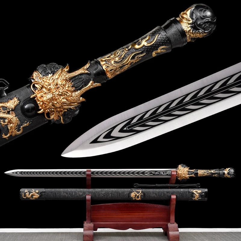 Functional Medieval Golden Dragon King Sword High Manganese Steel Blade Real Full Tang Sharp Samurai Swords Ready Battle Katanas