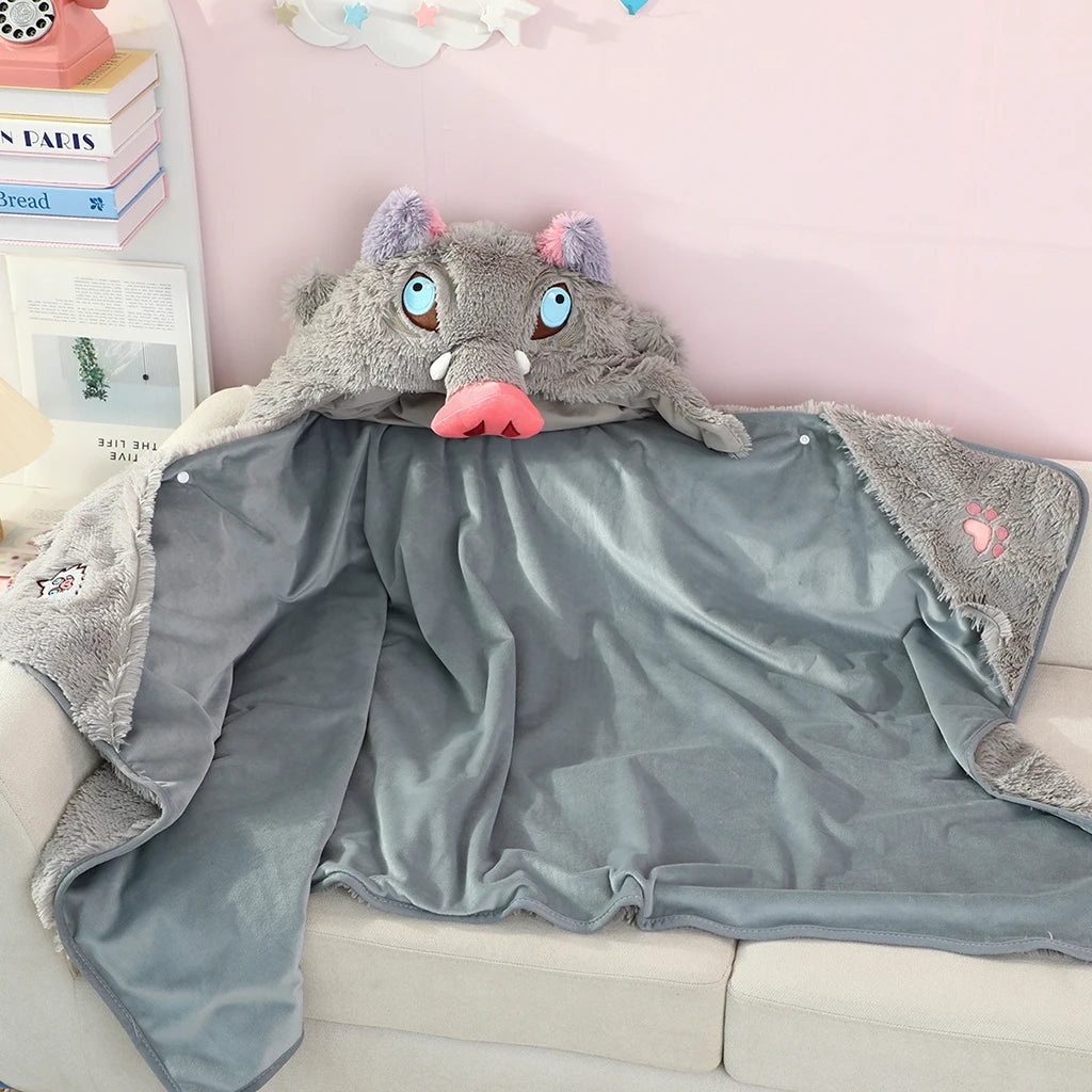 Demon Slayer Cosplay Prop Grey Pig Hooded Blanket Cartoon Wild Boar Head Plush Cloak Plushies Warm Hooded Blanket Xmas Gifts