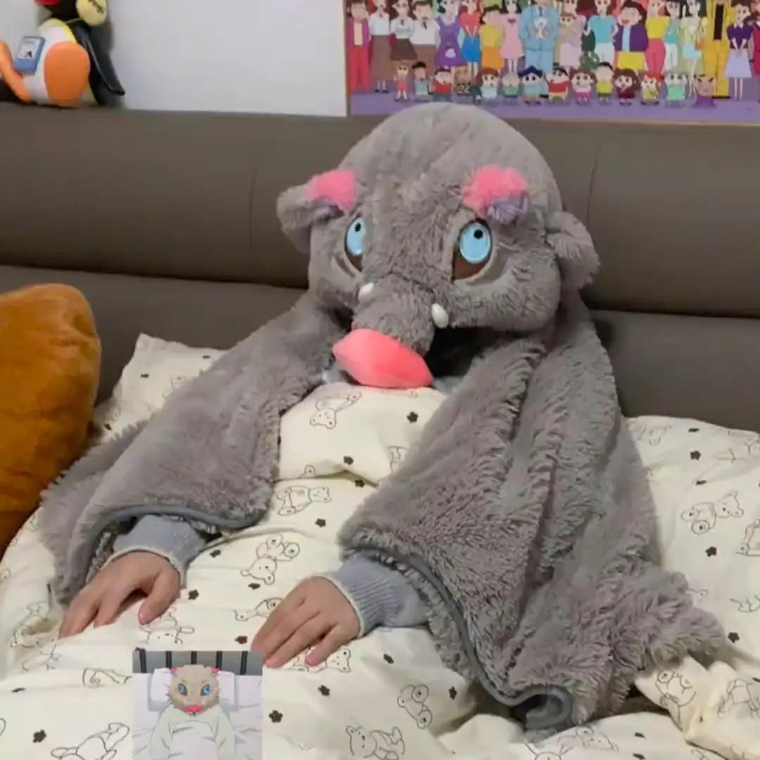 Demon Slayer Cosplay Prop Grey Pig Hooded Blanket Cartoon Wild Boar Head Plush Cloak Plushies Warm Hooded Blanket Xmas Gifts