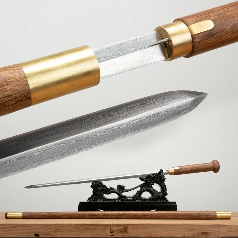 Chinese Staff Sword Folded Steel Damascus Blade Sharp Real Rosewood Scabbard Walking Stick Samurai Swords Ready Battle Katanas