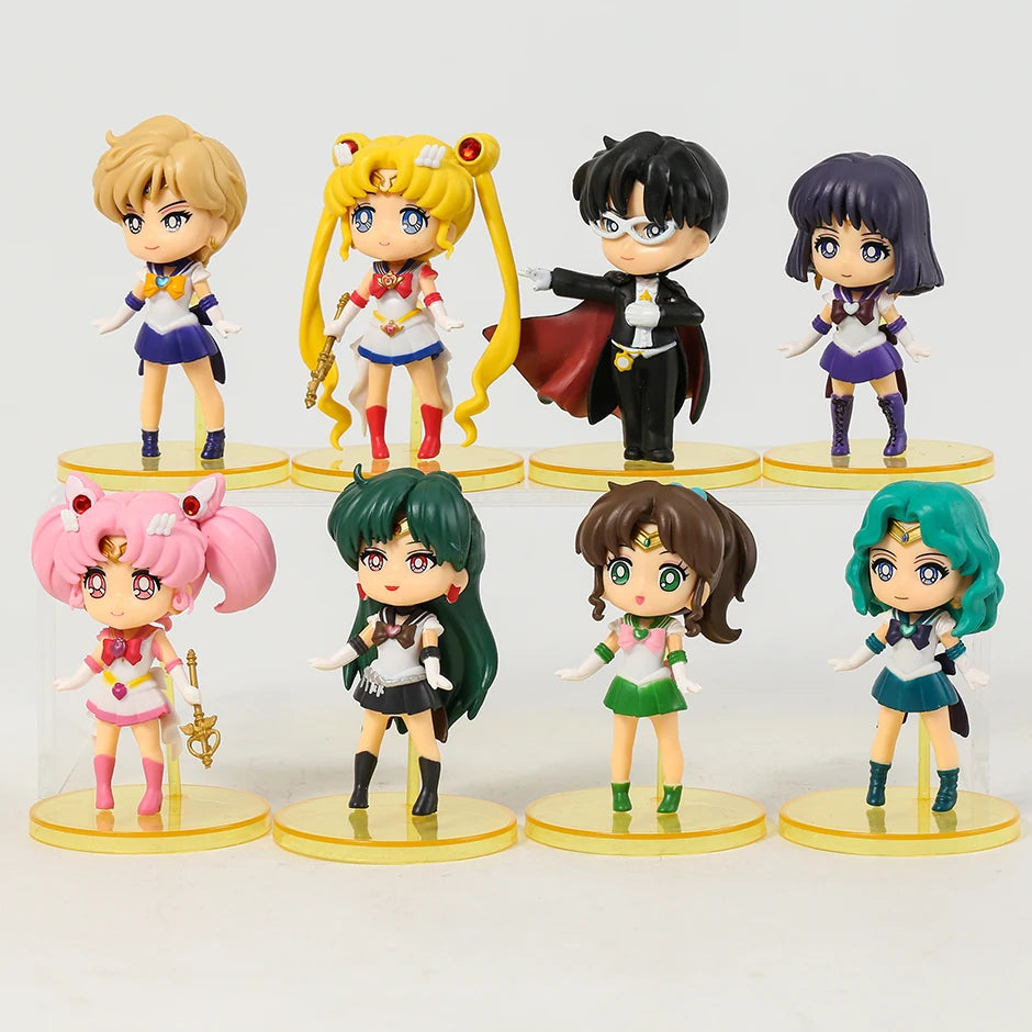 Q Version Sailor Mercury Mars Jupiter Venus Uranus Neptune Pluto Chiba Mamoru PVC Figures Toys Computer Desktop Dolls Set