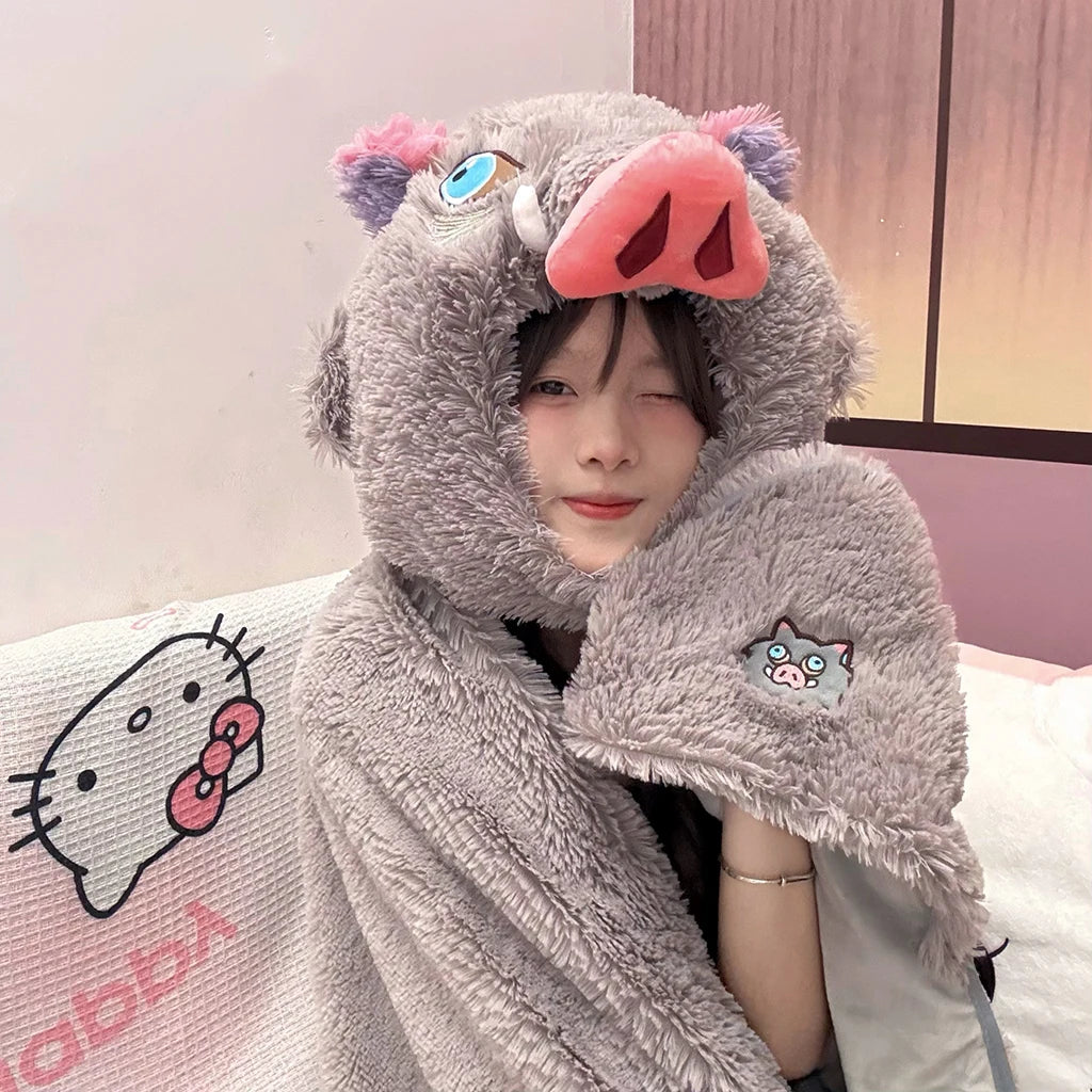 Demon Slayer Cosplay Prop Grey Pig Hooded Blanket Cartoon Wild Boar Head Plush Cloak Plushies Warm Hooded Blanket Xmas Gifts