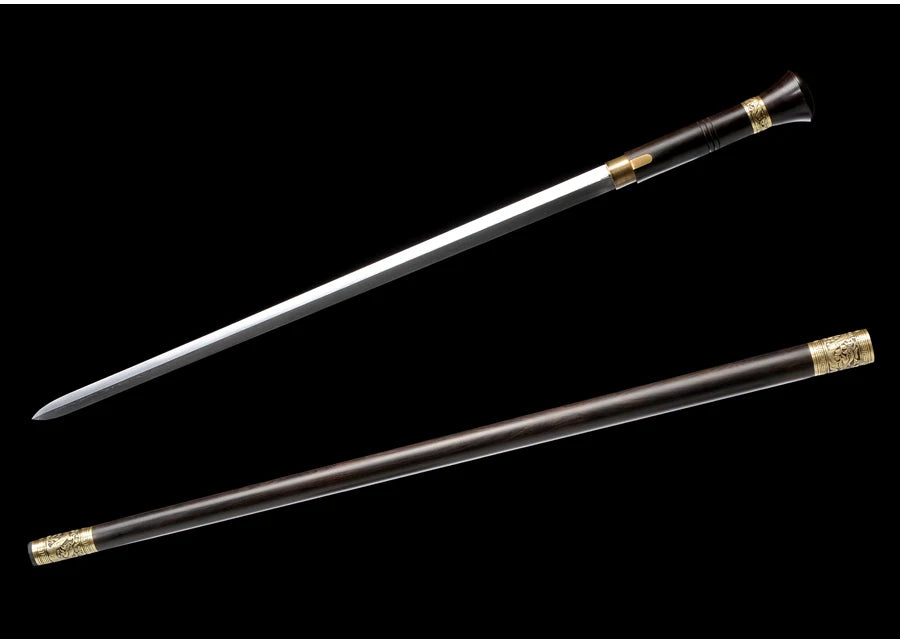 Chinese Cane Sword Folded Steel Damascus Blade Sharp Real Ebony Wood Scabbard Handmade Walking Stick Sword Dragon Weapon Katanas