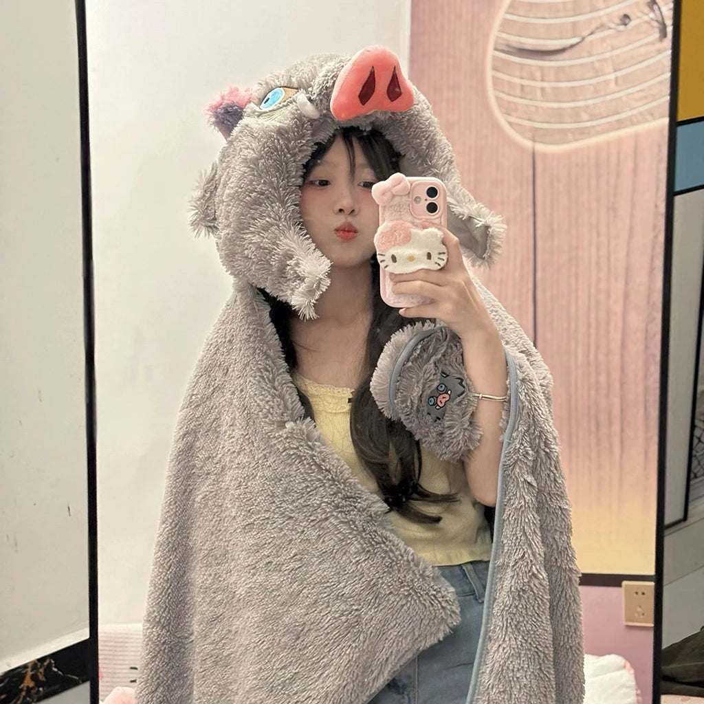 Demon Slayer Cosplay Prop Grey Pig Hooded Blanket Cartoon Wild Boar Head Plush Cloak Plushies Warm Hooded Blanket Xmas Gifts