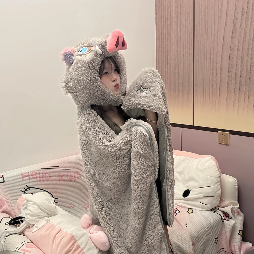 Demon Slayer Cosplay Prop Grey Pig Hooded Blanket Cartoon Wild Boar Head Plush Cloak Plushies Warm Hooded Blanket Xmas Gifts