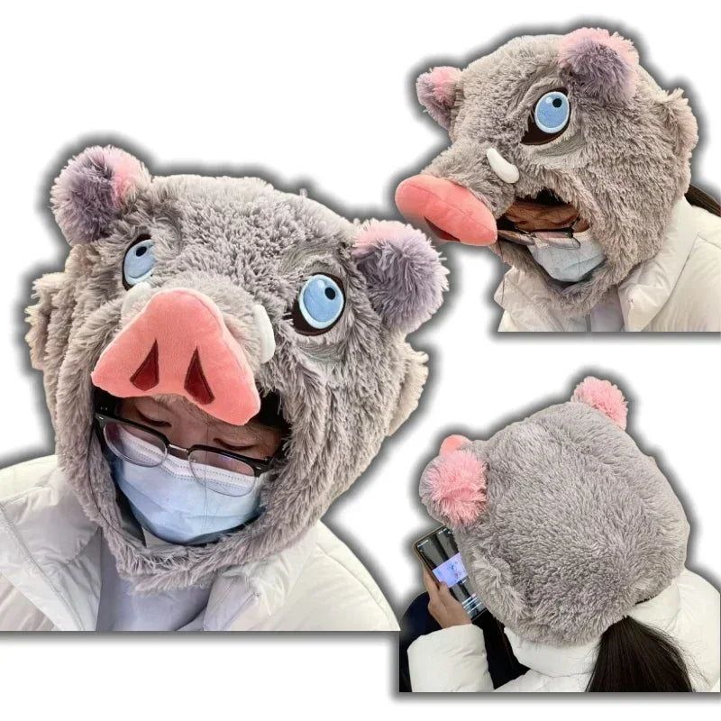 Cosplay Prop Wild Boar Head Plush Hat Pig Head Warm Headgear Cartoon Stuffed Anime Plushies Cosplay Props Gifts Boy Fans