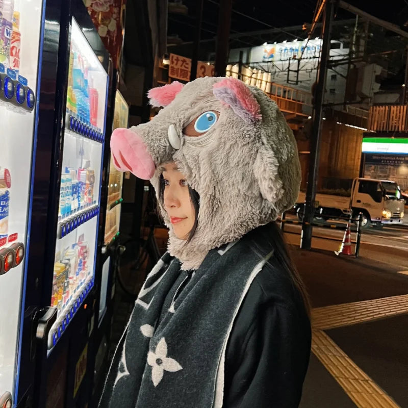 Cosplay Prop Wild Boar Head Plush Hat Demon Slayer Hashibira Inosuke Warm Headgear Cartoon Stuffed Anime Plushies Gifts Boy Fans