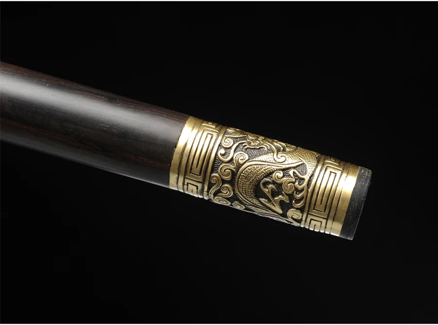 Chinese Cane Sword Folded Steel Damascus Blade Sharp Real Ebony Wood Scabbard Handmade Walking Stick Sword Dragon Weapon Katanas