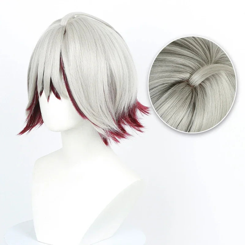 Cosplay Wig Men Women Silver Red Short Hair Heat Resistant Synthetic Full Wig Halloween Props