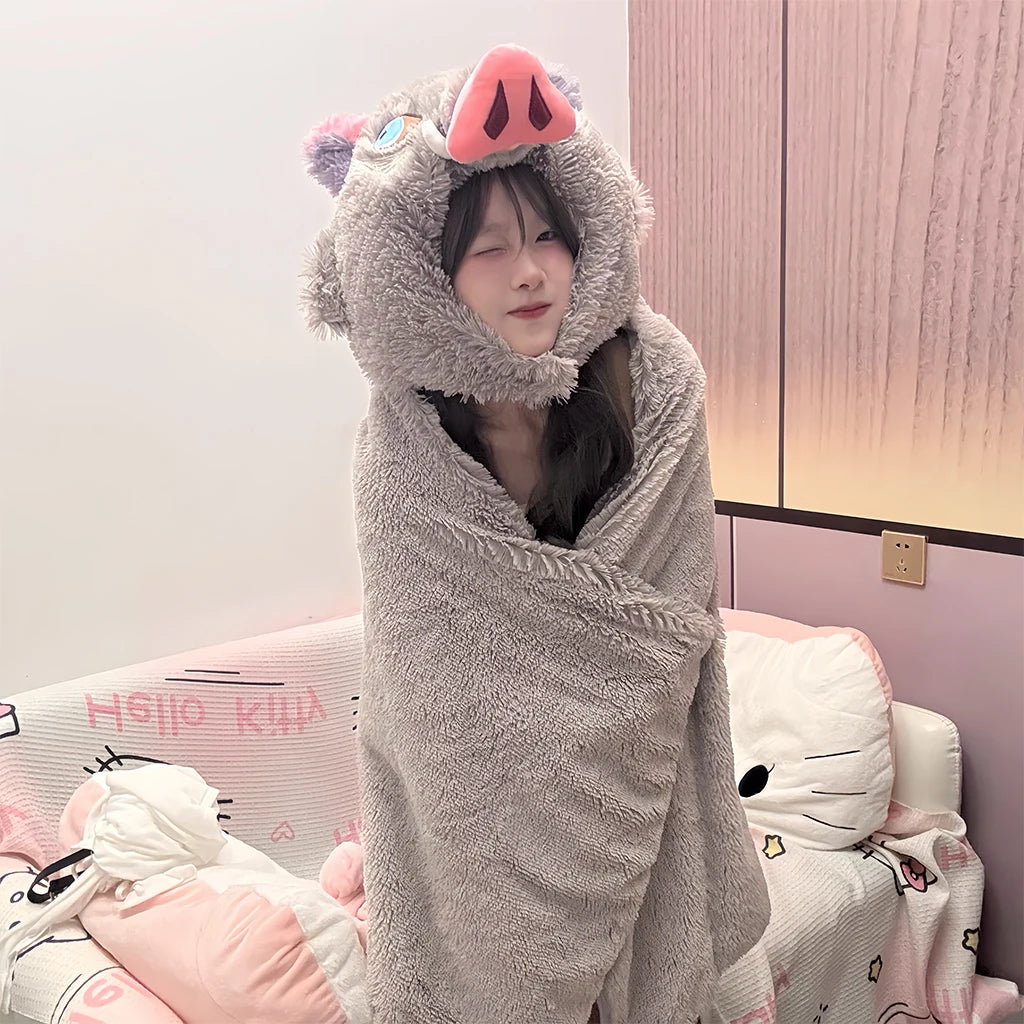 Demon Slayer Cosplay Prop Grey Pig Hooded Blanket Cartoon Wild Boar Head Plush Cloak Plushies Warm Hooded Blanket Xmas Gifts