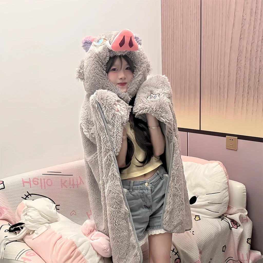 Demon Slayer Cosplay Prop Grey Pig Hooded Blanket Cartoon Wild Boar Head Plush Cloak Plushies Warm Hooded Blanket Xmas Gifts