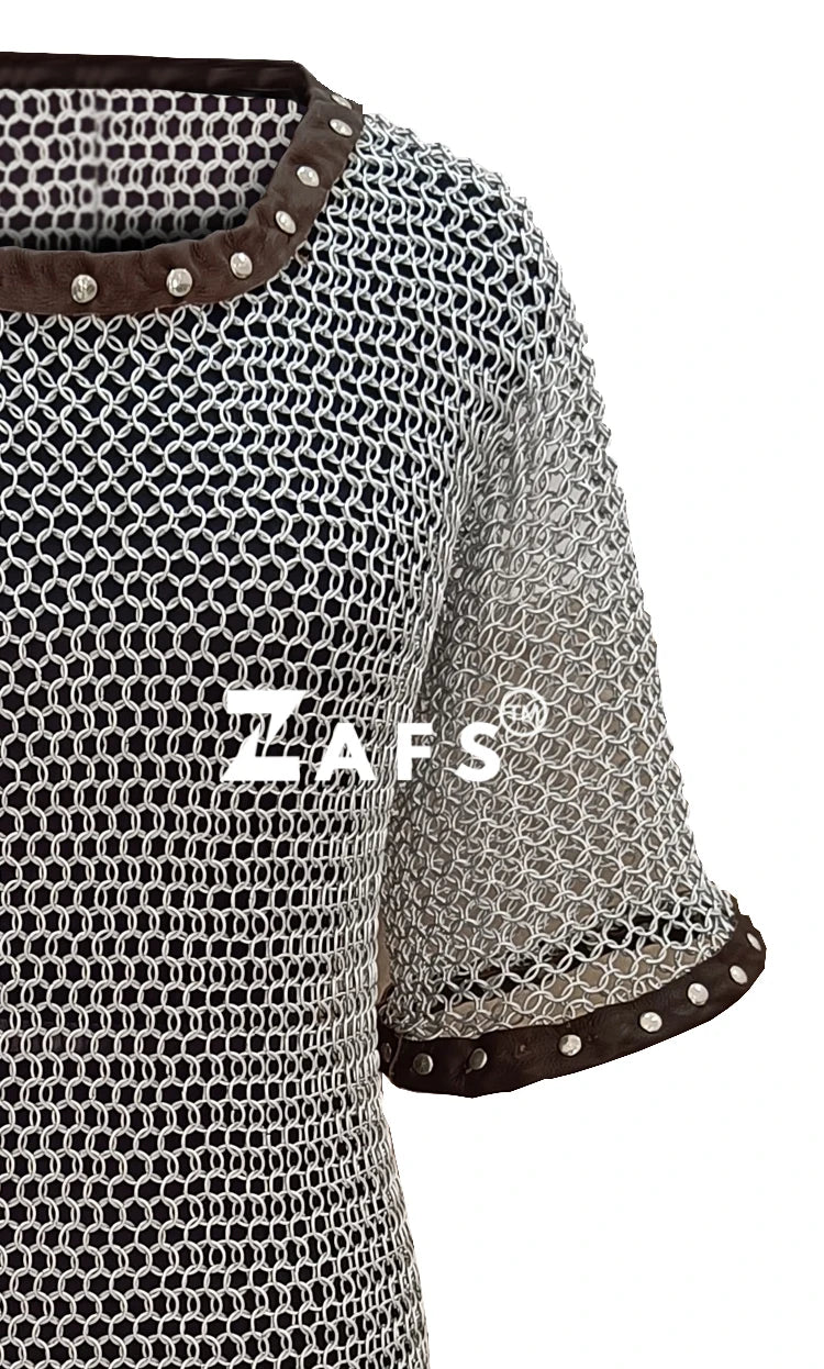 Handcrafted Medieval Chainmail Shirt With Leather Trim Aluminum Half Sleeve Hauberk Armor Cosplay for Historical Reenactment