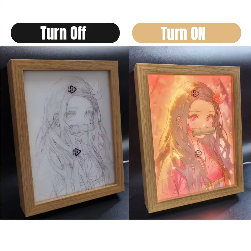 Anime Painting Picture Frame Light Tanjiro Nezuko Figurine LED Night Light Home Bedroom Lamp Decor Friends Kids Birthday Gifts