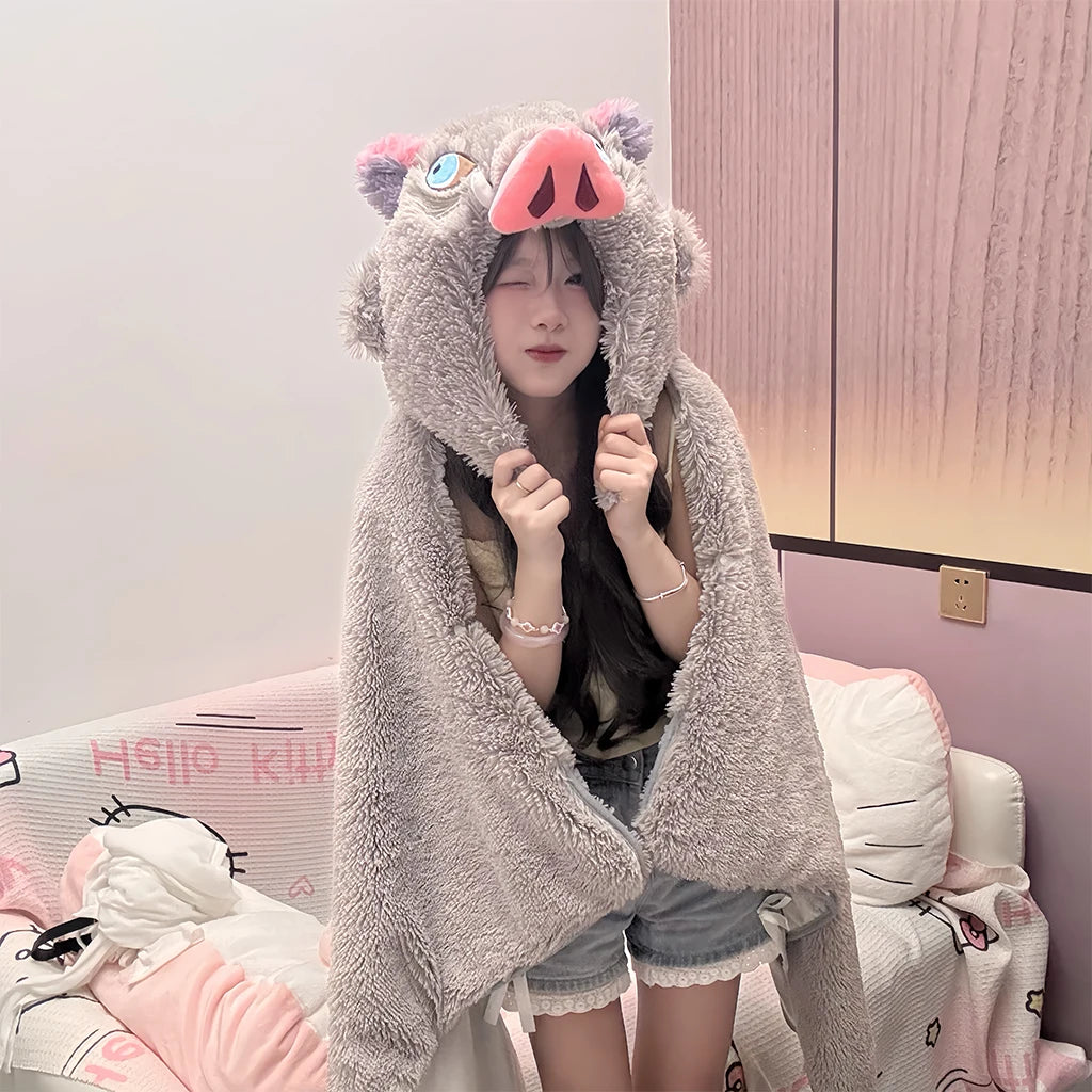 Demon Slayer Cosplay Prop Grey Pig Hooded Blanket Cartoon Wild Boar Head Plush Cloak Plushies Warm Hooded Blanket Xmas Gifts