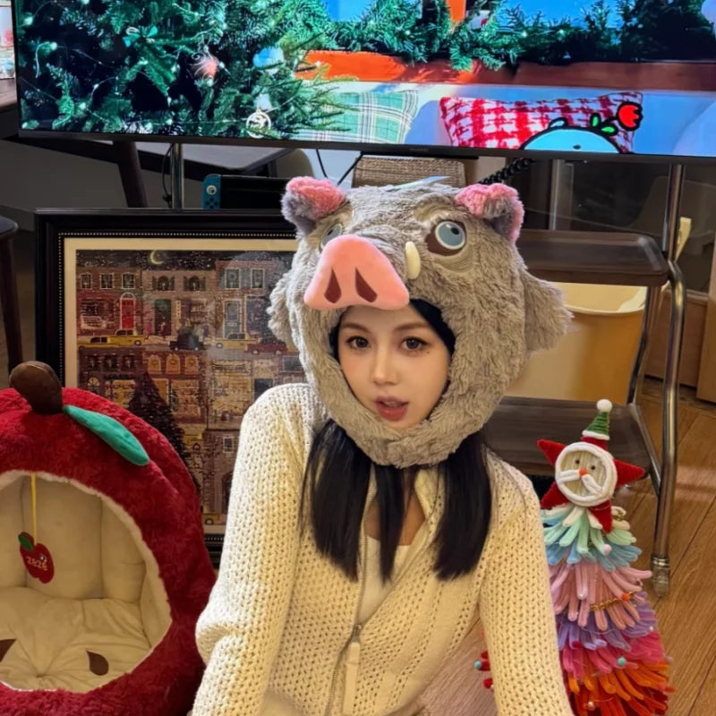 Cosplay Prop Wild Boar Head Plush Hat Demon Slayer Hashibira Inosuke Warm Headgear Cartoon Stuffed Anime Plushies Gifts Boy Fans