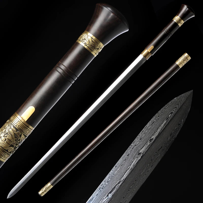 Chinese Cane Sword Folded Steel Damascus Blade Sharp Real Ebony Wood Scabbard Handmade Walking Stick Sword Dragon Weapon Katanas