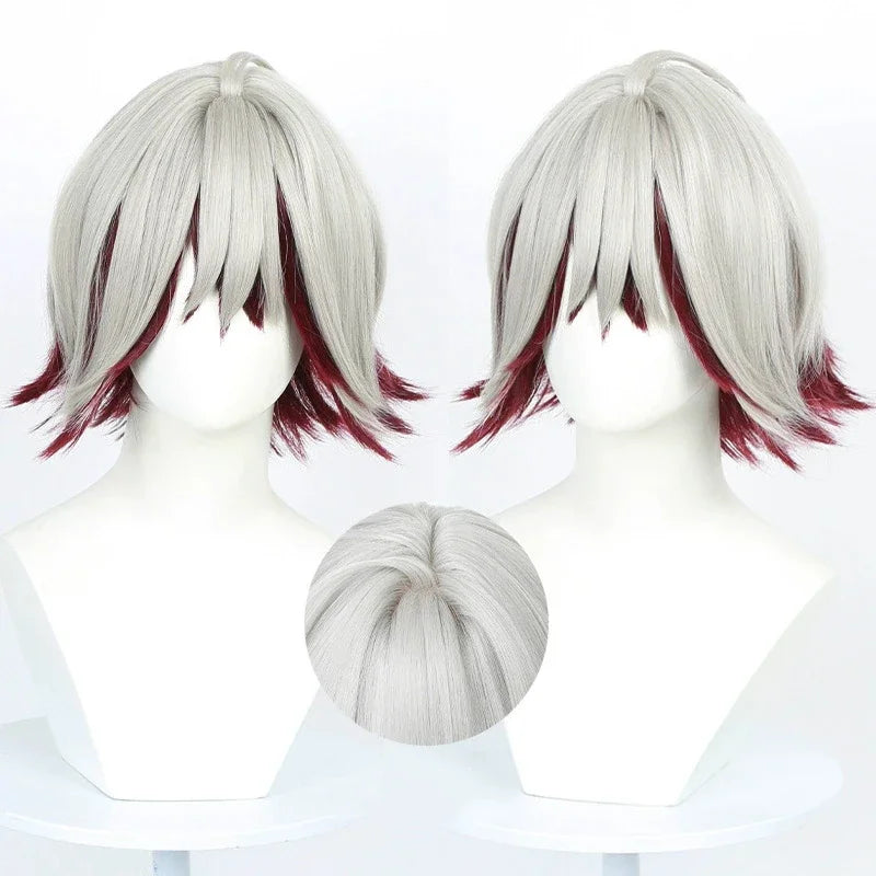 Cosplay Wig Men Women Silver Red Short Hair Heat Resistant Synthetic Full Wig Halloween Props