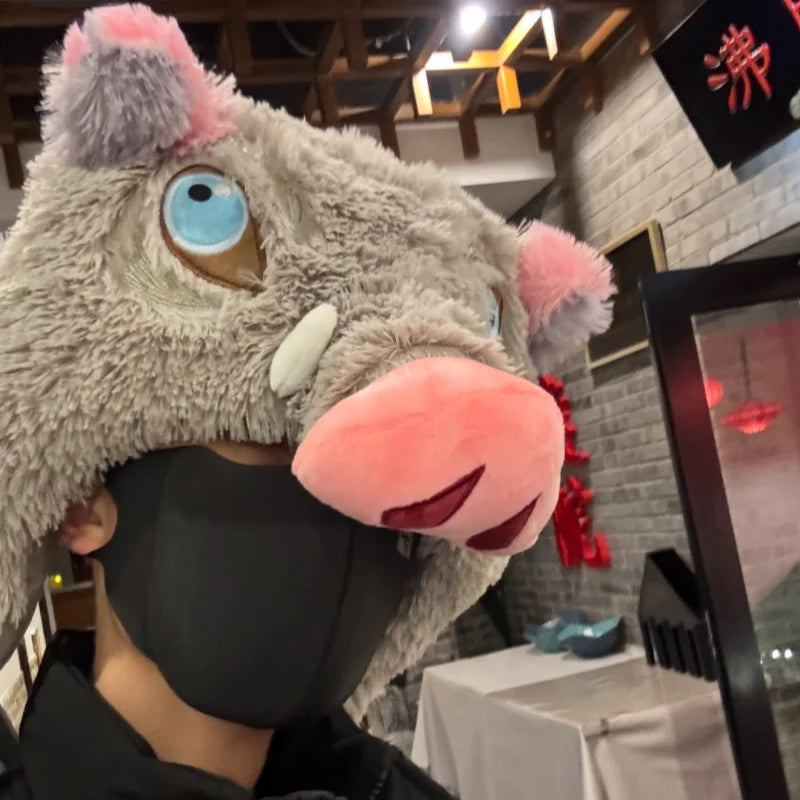 Cosplay Prop Wild Boar Head Plush Hat Demon Slayer Hashibira Inosuke Warm Headgear Cartoon Stuffed Anime Plushies Gifts Boy Fans