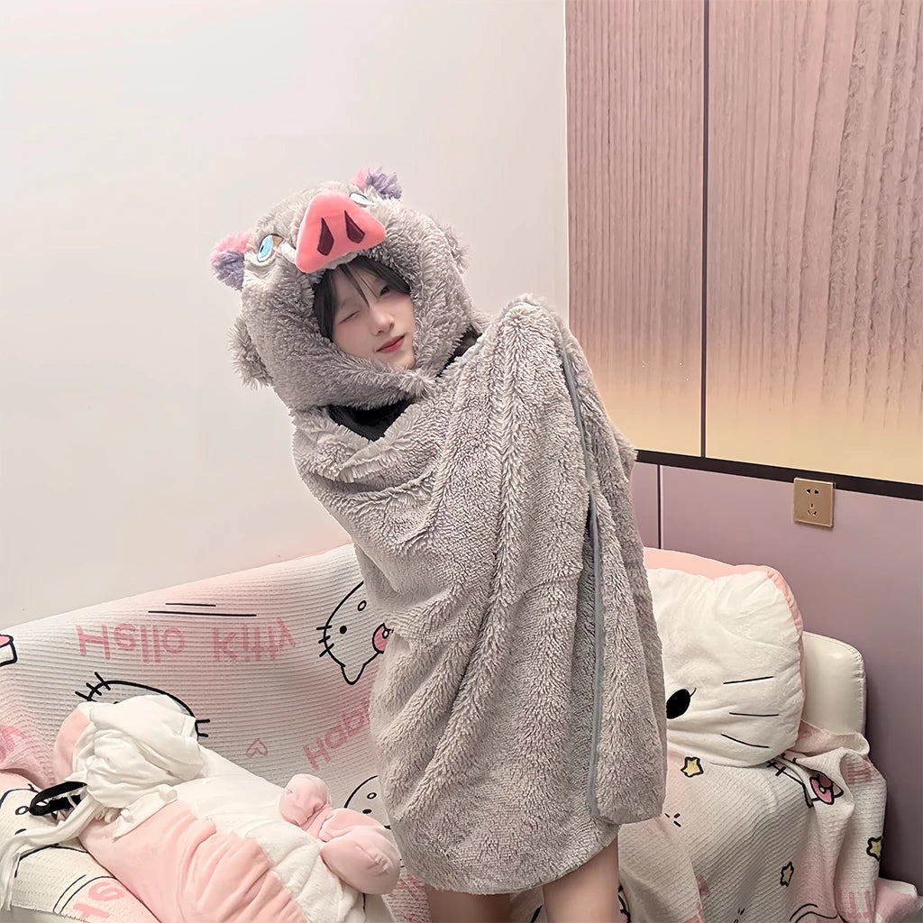 Demon Slayer Cosplay Prop Grey Pig Hooded Blanket Cartoon Wild Boar Head Plush Cloak Plushies Warm Hooded Blanket Xmas Gifts