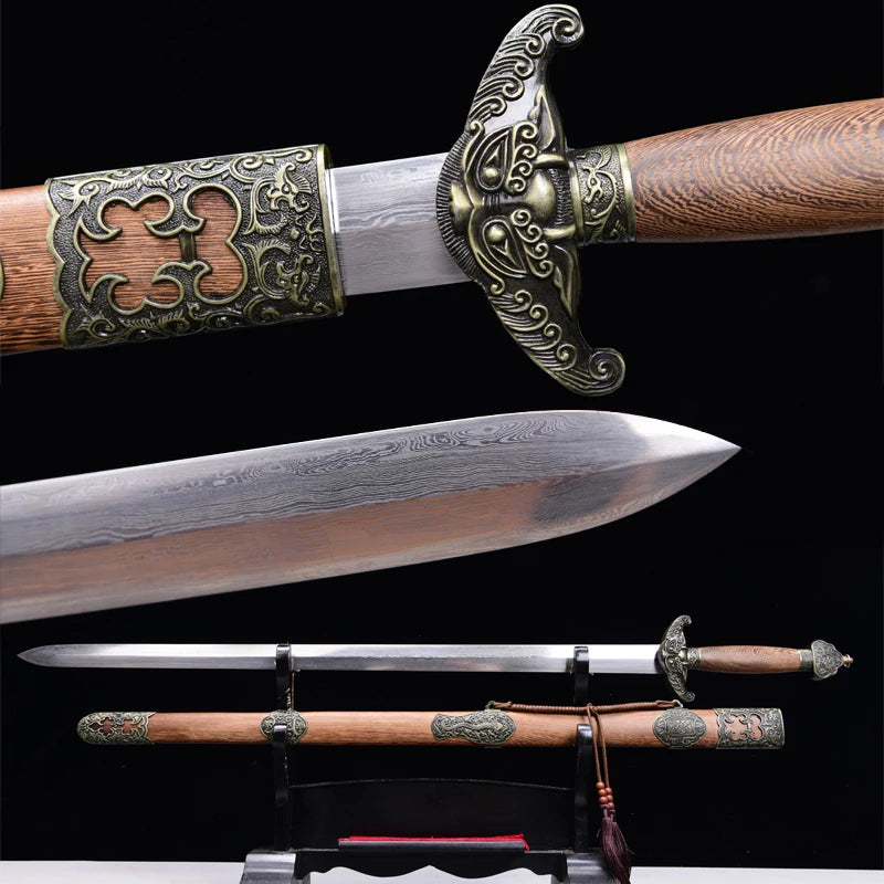 Chinese Tai Chi Swords Folded Steel Damascus Blade Real Handmade Full Tang Sharp Rosewood Sheath Dragon Guard Training Katanas
