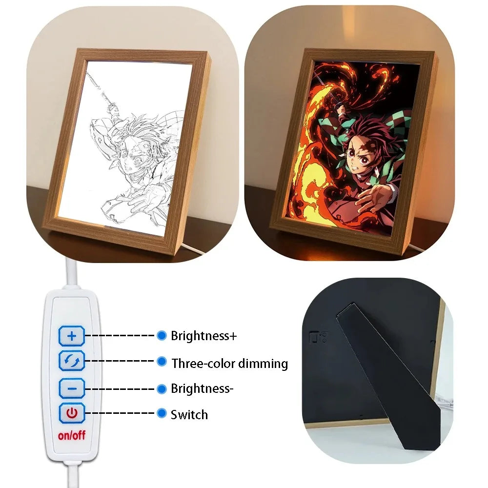 Anime Painting Picture Frame Light Tanjiro Nezuko Figurine LED Night Light Home Bedroom Lamp Decor Friends Kids Birthday Gifts