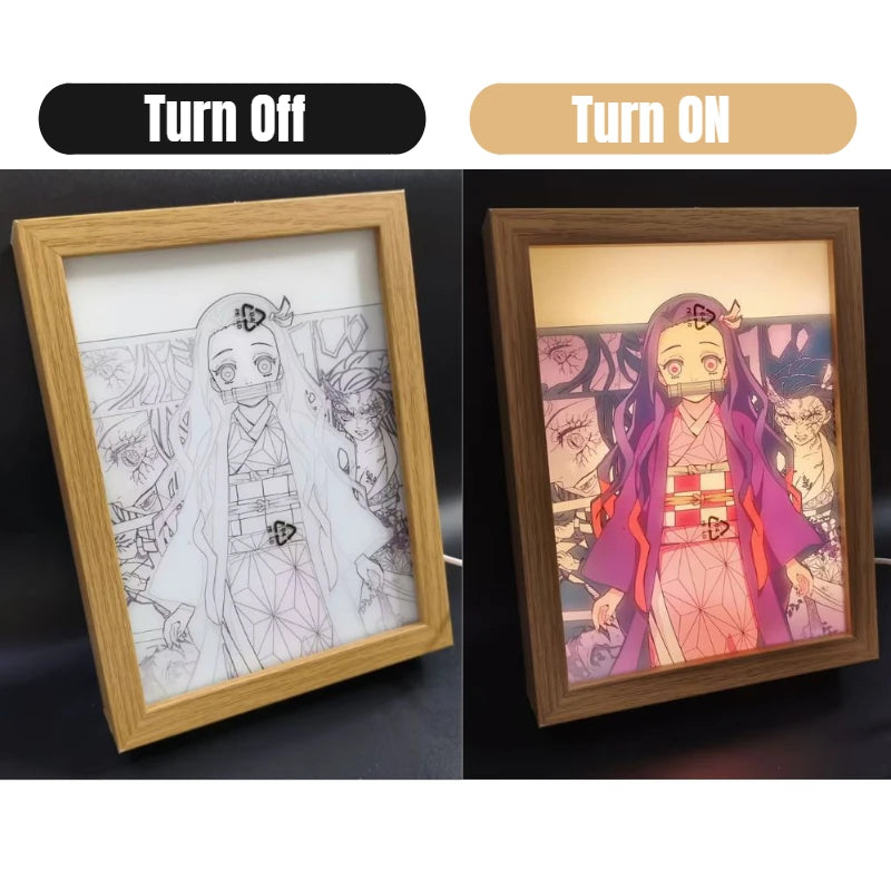 Anime Painting Picture Frame Light Tanjiro Nezuko Figurine LED Night Light Home Bedroom Lamp Decor Friends Kids Birthday Gifts