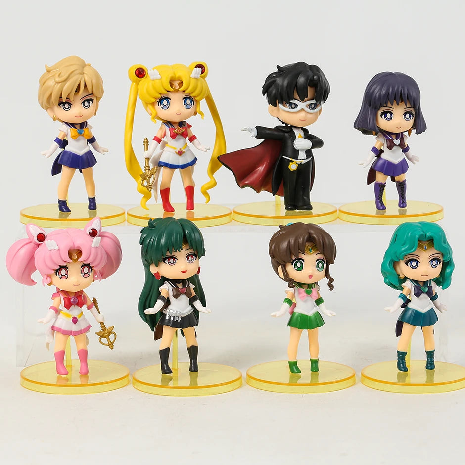 Q Version Sailor Mercury Mars Jupiter Venus Uranus Neptune Pluto Chiba Mamoru PVC Figures Toys Computer Desktop Dolls Set
