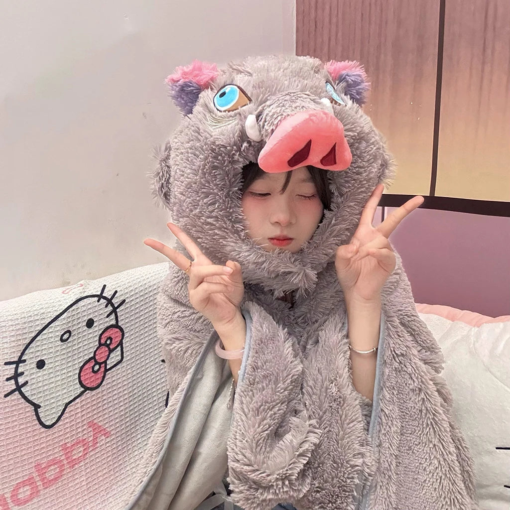 Demon Slayer Cosplay Prop Grey Pig Hooded Blanket Cartoon Wild Boar Head Plush Cloak Plushies Warm Hooded Blanket Xmas Gifts