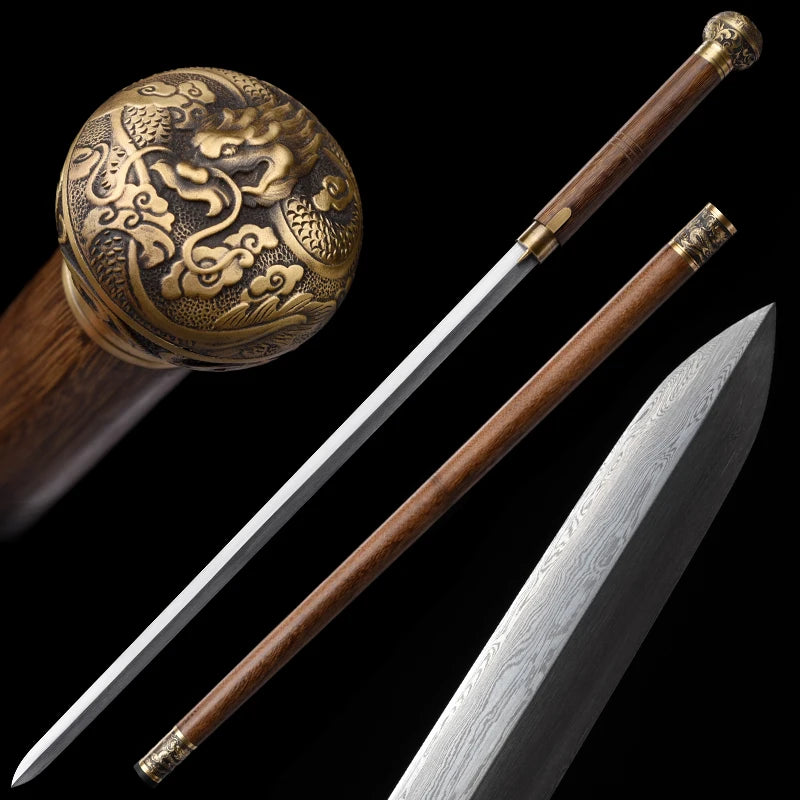 Chinese Cane Swords Folded Steel Damascus Blade Real Handmade Full Tang Sharp Walking Stick Sword Brass Dragon Weapon Katanas