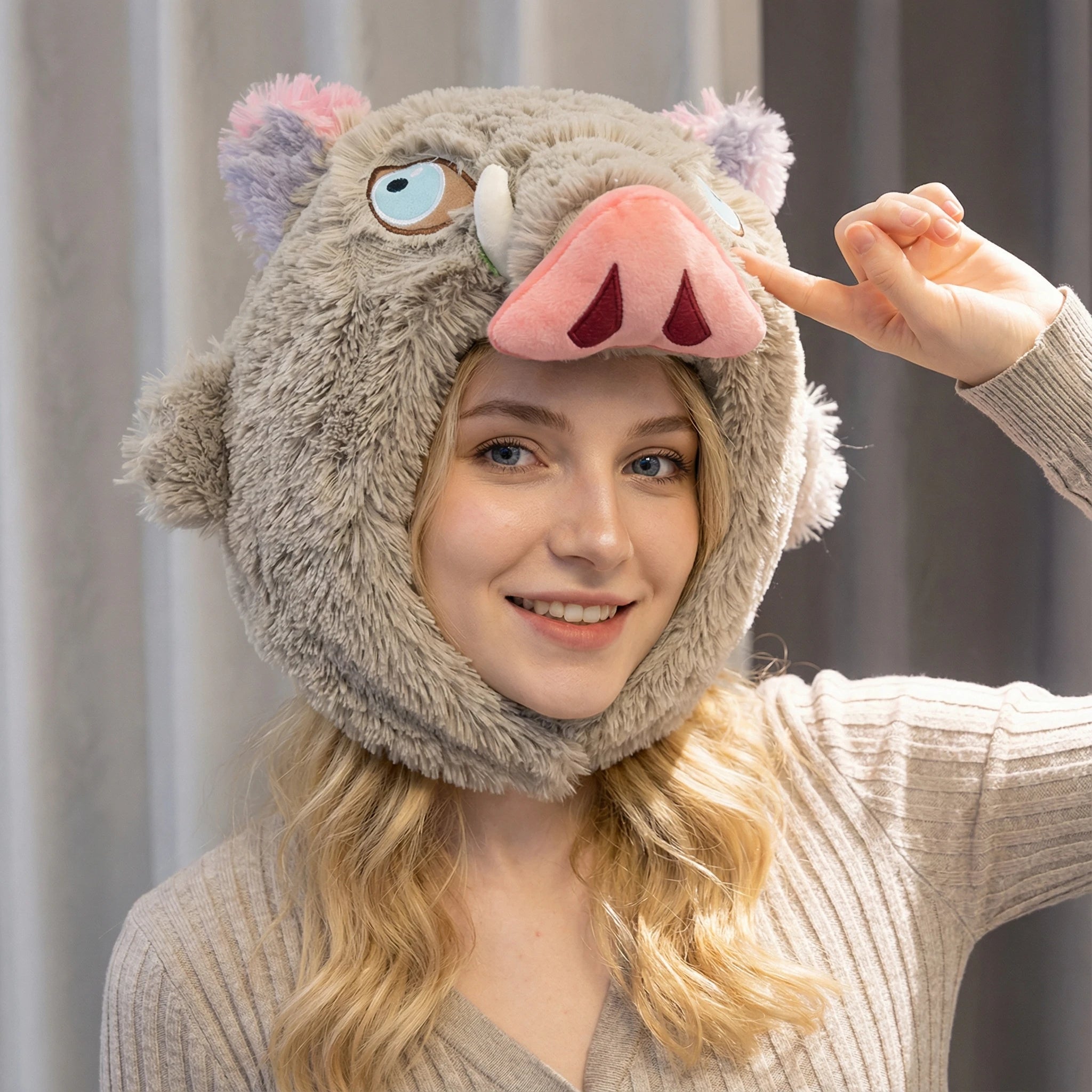 Cosplay Prop Wild Boar Head Plush Hat Demon Slayer Hashibira Inosuke Warm Headgear Cartoon Stuffed Anime Plushies Gifts Boy Fans